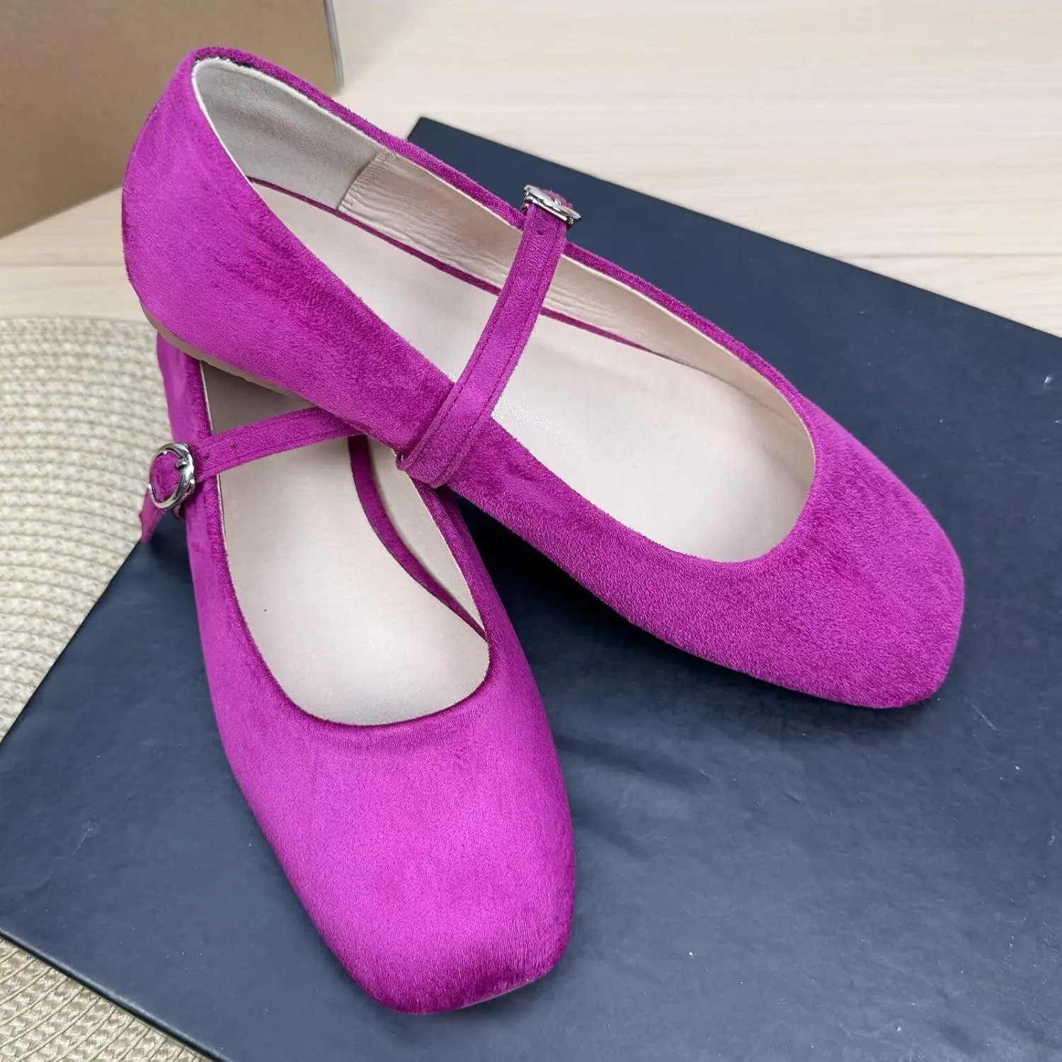 SAILING LU Women's Mary Jane Ballet Flats Square Toe Flat Shoes Suede Dress Shoes Comfortable Wear to Work Slip On Moccasins