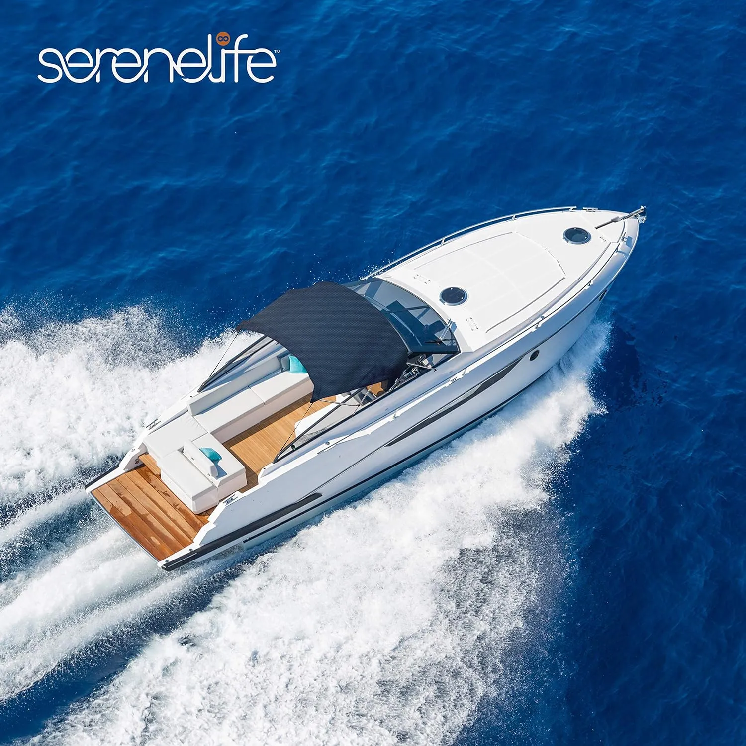 SereneLife 3 Bow Bimini Top Boat Cover – 72'' x 54-60'' x 46'', Durable 1" Aluminum Frame, Waterproof & UV-Resistant, Easy Install with Front Straps, Rear Support Arms & Free Storage Boot (Blue)