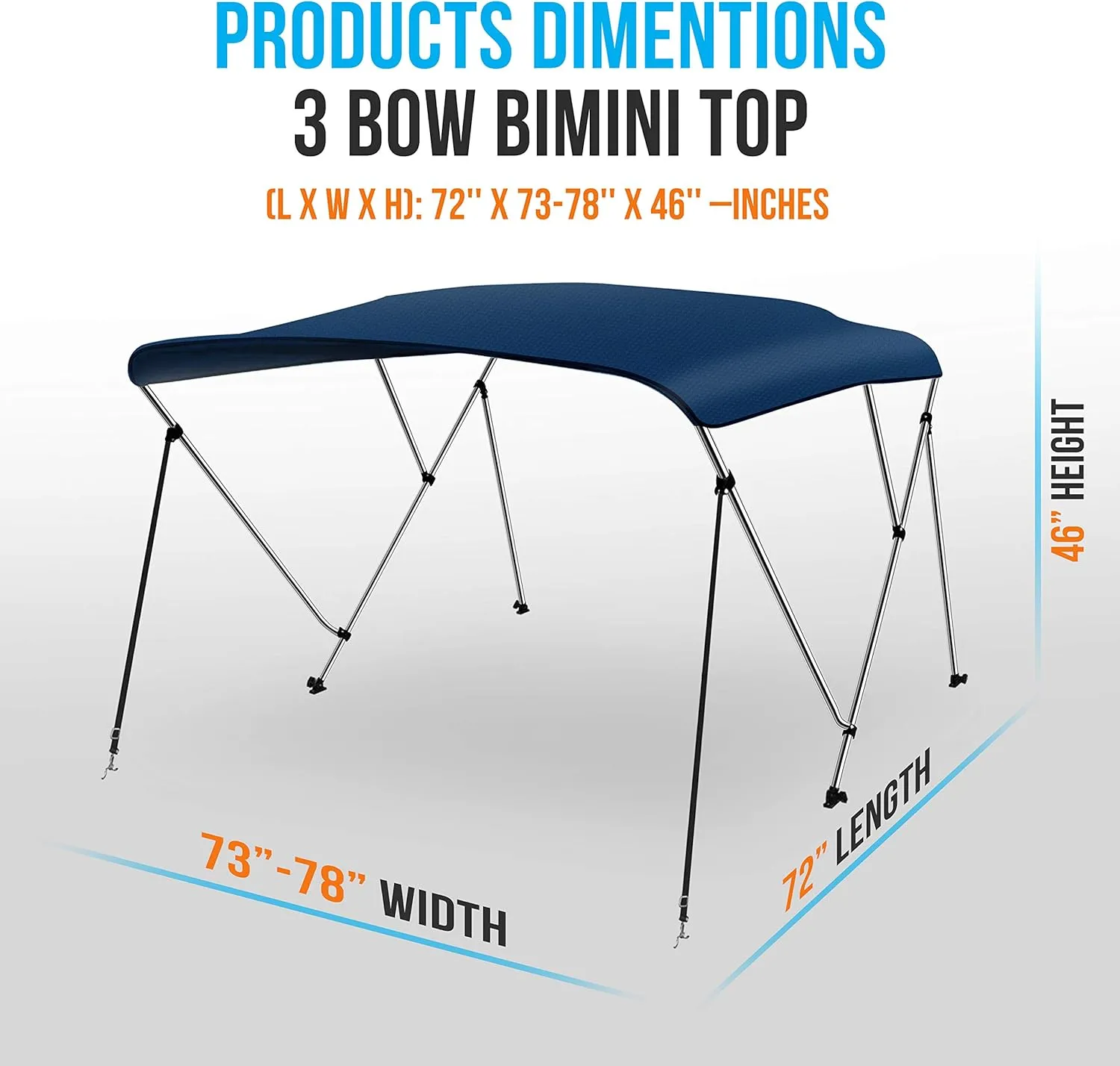 SereneLife 3 Bow Bimini Top Boat Cover – 72'' x 54-60'' x 46'', Durable 1" Aluminum Frame, Waterproof & UV-Resistant, Easy Install with Front Straps, Rear Support Arms & Free Storage Boot (Blue)