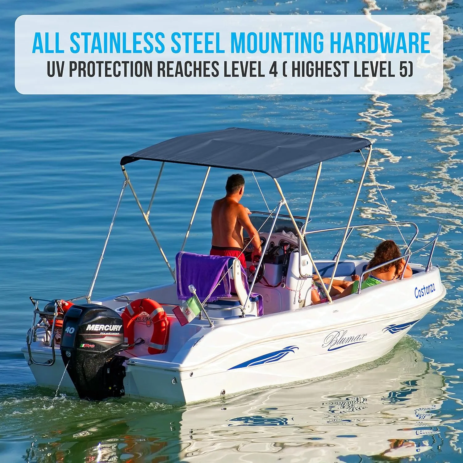 SereneLife 3 Bow Bimini Top Boat Cover – 72'' x 54-60'' x 46'', Durable 1" Aluminum Frame, Waterproof & UV-Resistant, Easy Install with Front Straps, Rear Support Arms & Free Storage Boot (Blue)