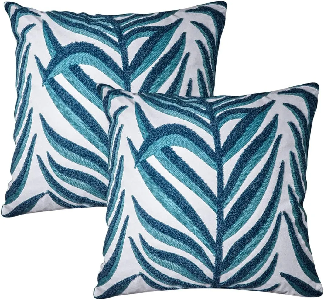 Set of 2, Cotton Embroidery Leaf Pattern Throw Pillow Covers, Cotton Decorative Pillows Covers Cushion Case, Pillow Case ONLY(18 x 18 Inch)