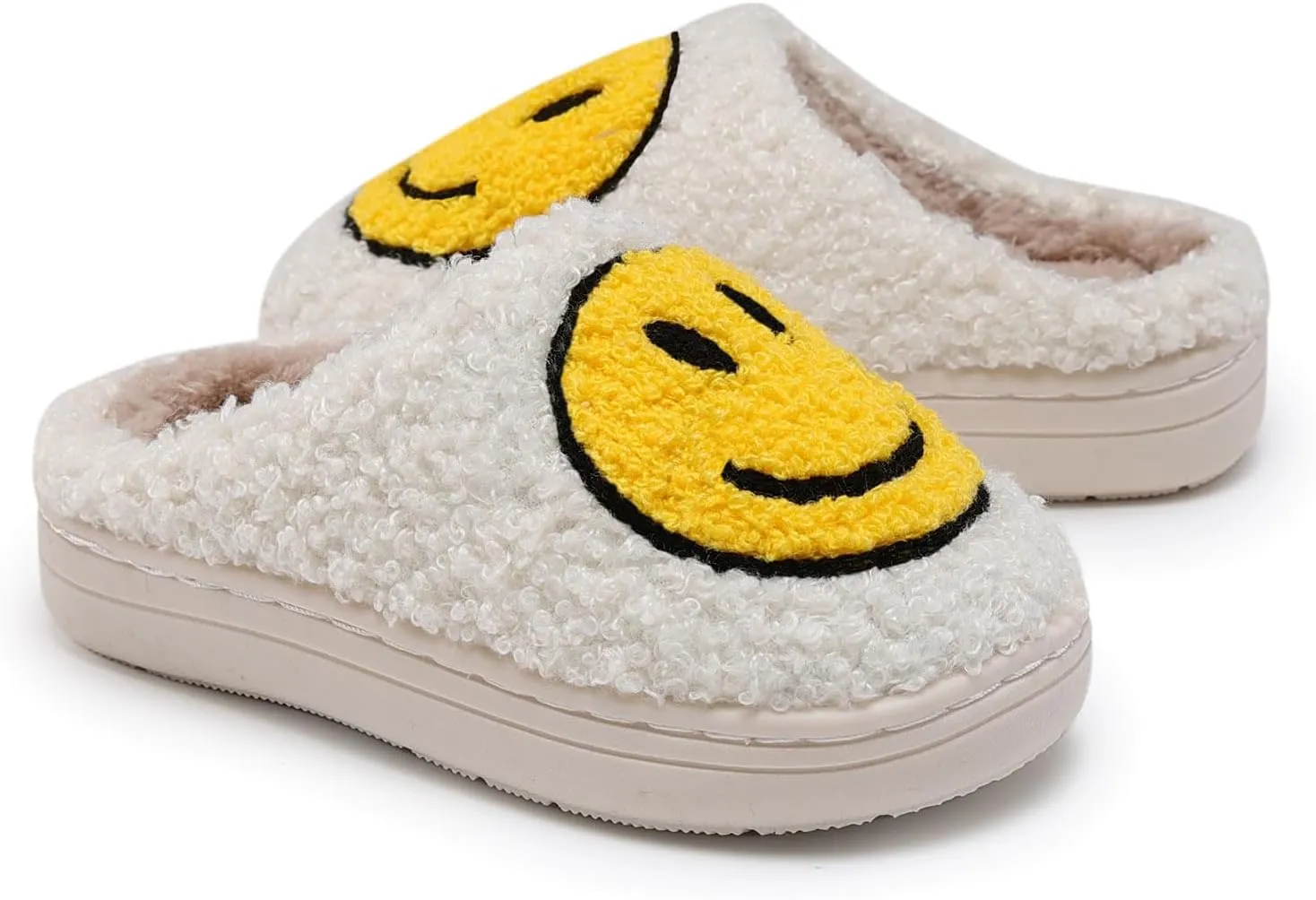 Sharllen Kids Happy Face Fuzzy Cozy Non-Slip Toddler Girls Boys Slide Slippers Plush Cute Warm Soft Socks Shoes for Little Big Kids Winter Indoor Outdoor