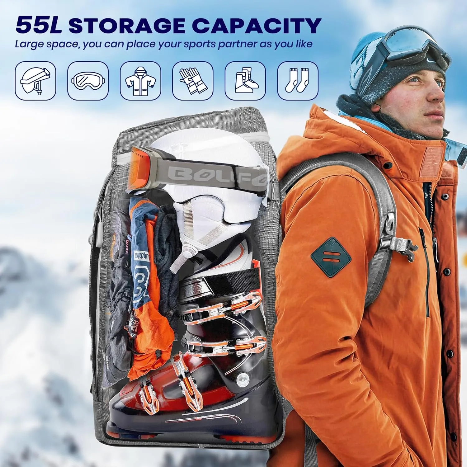 Ski Boot Bag, Large 55L Ski Boot Bag Backpack 1680D Nylon Waterproof Ski Bag for Helmet, Goggles, Gloves, Skis Snowboard & Accessories Travel