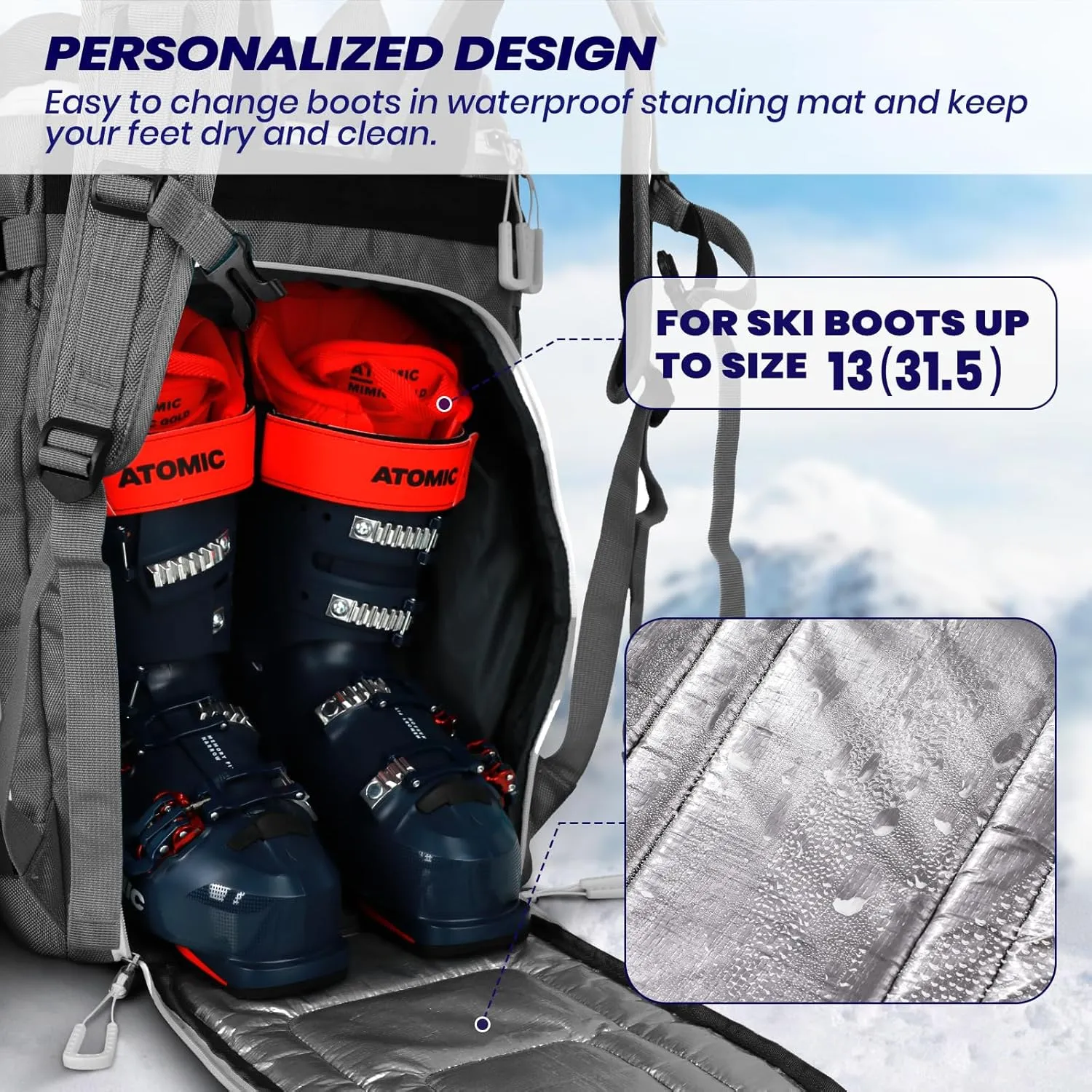 Ski Boot Bag, Large 55L Ski Boot Bag Backpack 1680D Nylon Waterproof Ski Bag for Helmet, Goggles, Gloves, Skis Snowboard & Accessories Travel