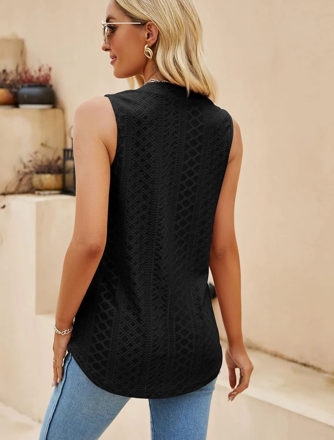 Sleeveless Tops for Women Dressy Casual Summer Blouses Trendy Eyelet Office Work Shirts