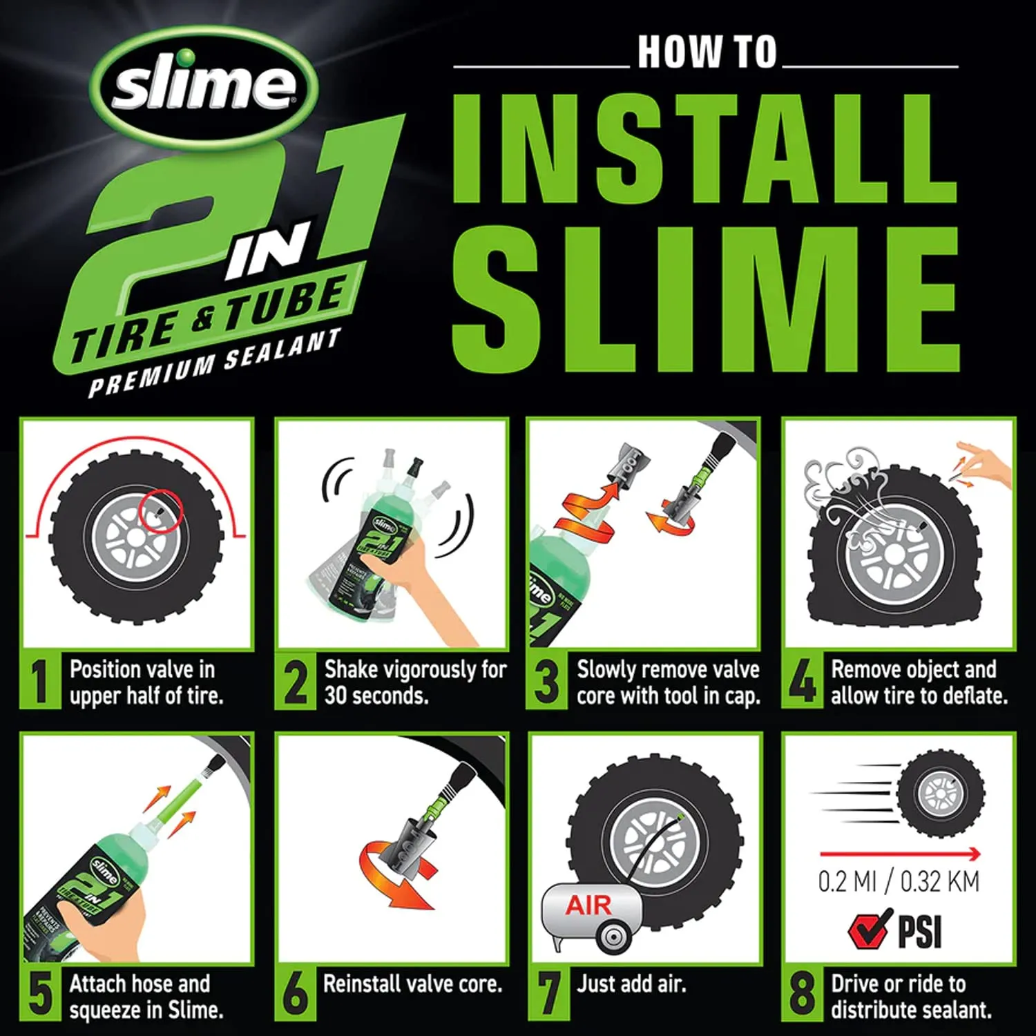 Slime 10193-6PK 2-in-1 Tire and Tube Sealant Puncture Repair Sealant, Premium, Prevent and Repair, Suitable for Non-Highway Tires and Tubes, Non-Toxic, Eco-Friendly, 6 x 16oz Bottles