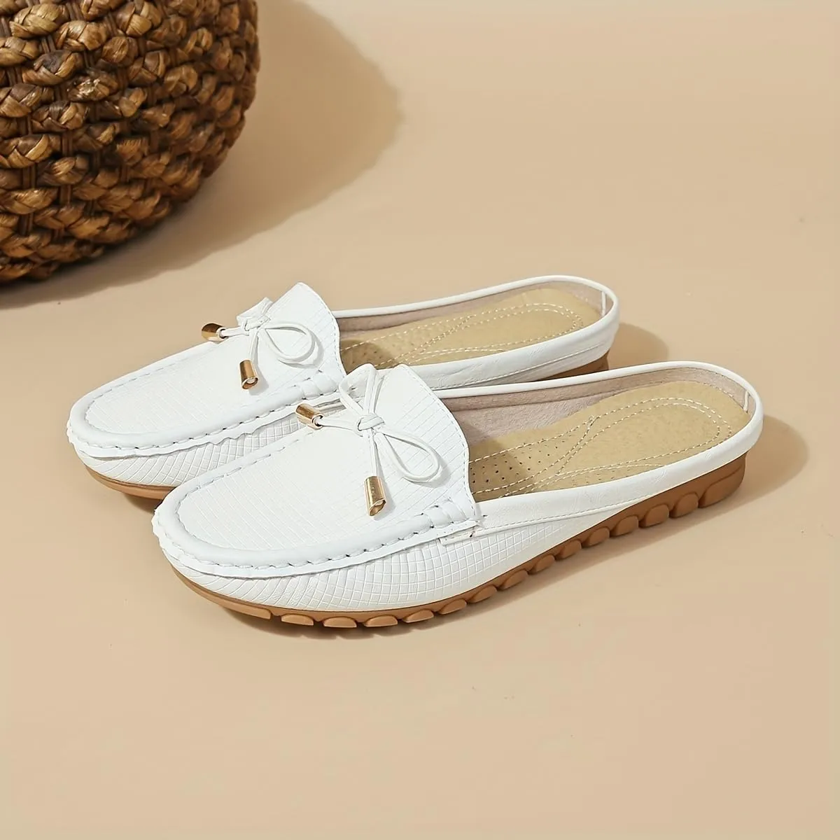 Spring And Summer Headless Half-Slippers, Cool Slippers, Ladies' Hand-sewn Bow, Lazy Slip-on Slippers,