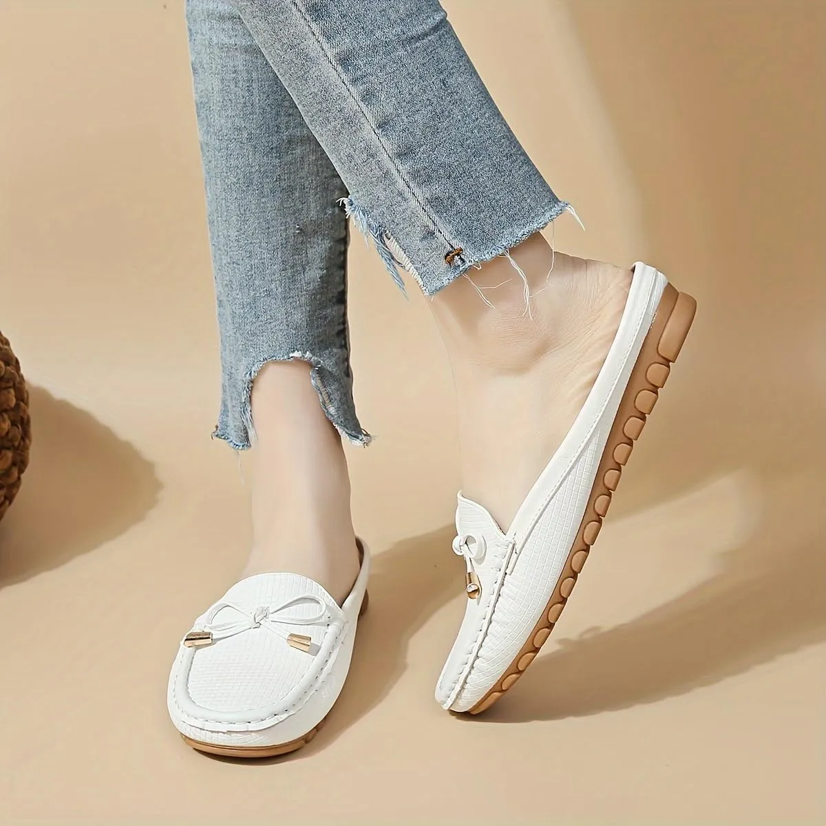 Spring And Summer Headless Half-Slippers, Cool Slippers, Ladies' Hand-sewn Bow, Lazy Slip-on Slippers,
