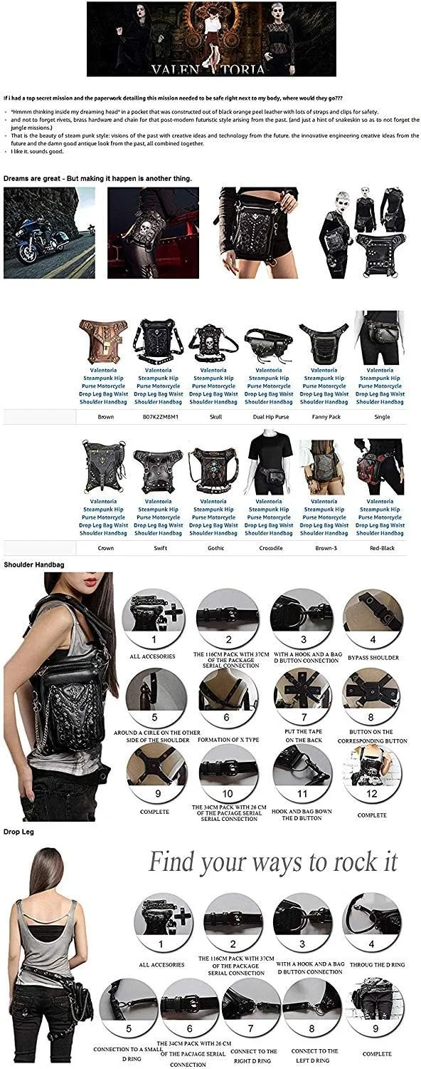 Steampunk Waist Bag Fanny Pack Thigh Holster Purse Gothic Leather Shoulder Crossbody Hiking Chain Messenger Bag