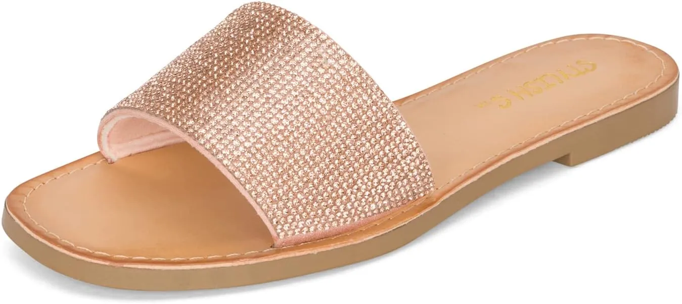 STYLISH S SAVVY - Womens Open Toe Flexible Soft Single Band Rhinestone Flat Sandals