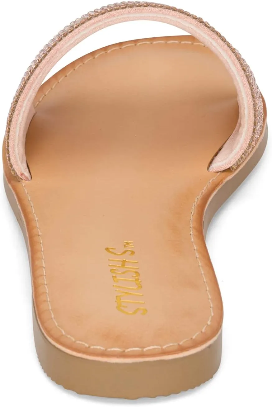 STYLISH S SAVVY - Womens Open Toe Flexible Soft Single Band Rhinestone Flat Sandals