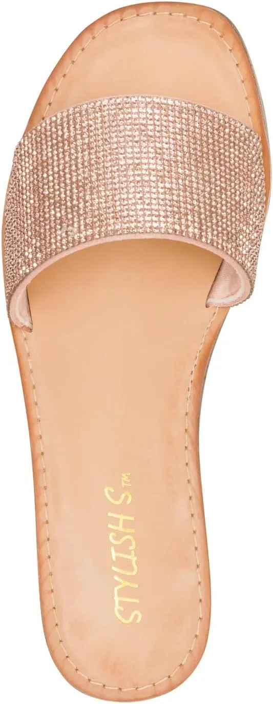 STYLISH S SAVVY - Womens Open Toe Flexible Soft Single Band Rhinestone Flat Sandals