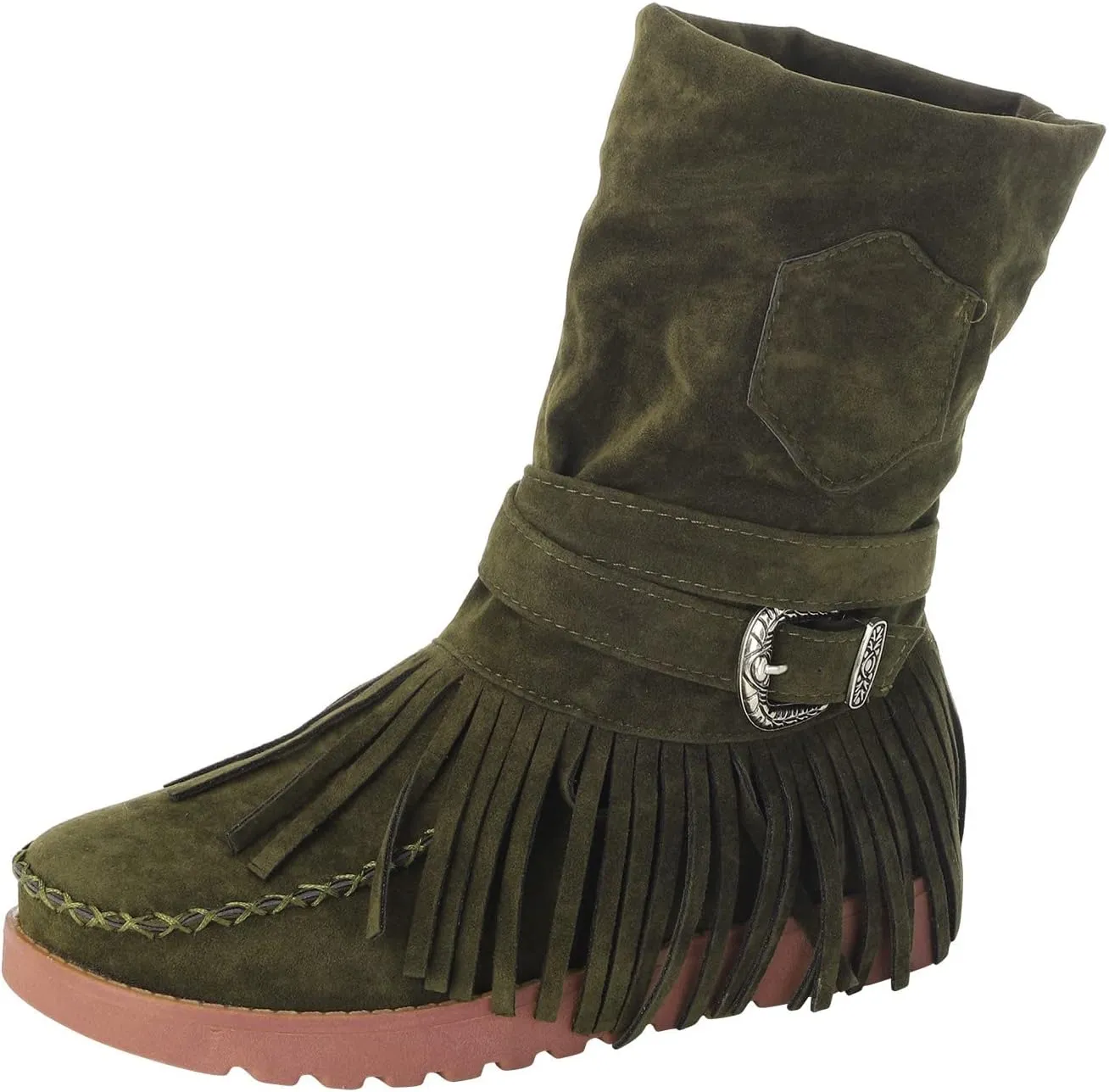 Suede Ankle Boots For Women Fringe Cowboy Boots Low Heel Slouch Boots Comfy Western Shoes Winter Moccasin Boots