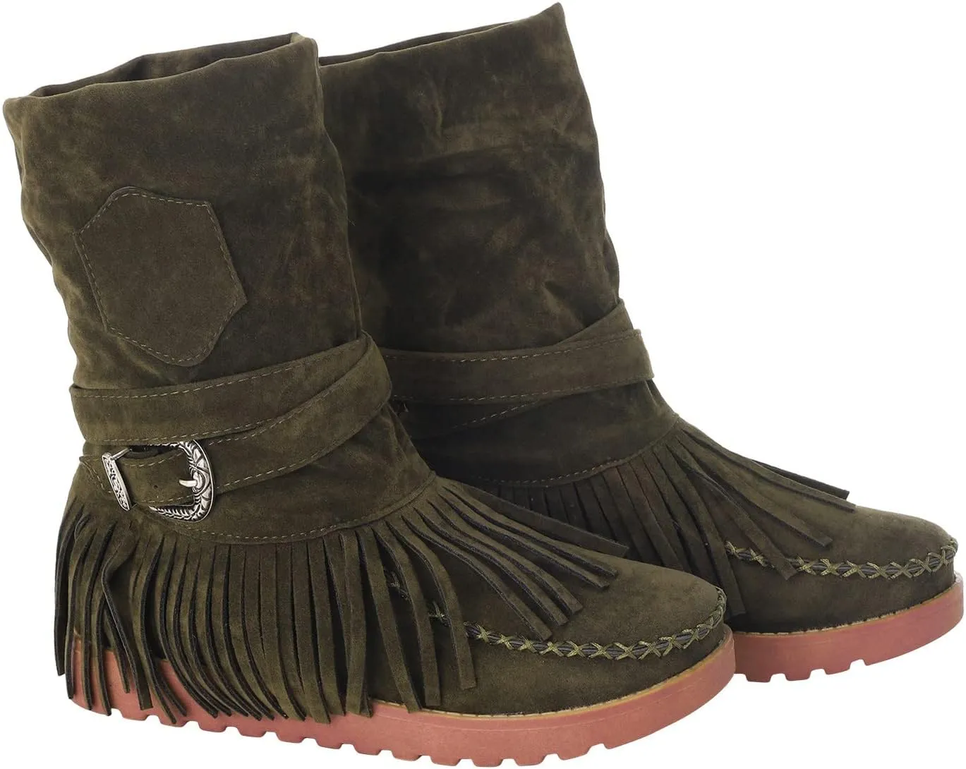 Suede Ankle Boots For Women Fringe Cowboy Boots Low Heel Slouch Boots Comfy Western Shoes Winter Moccasin Boots