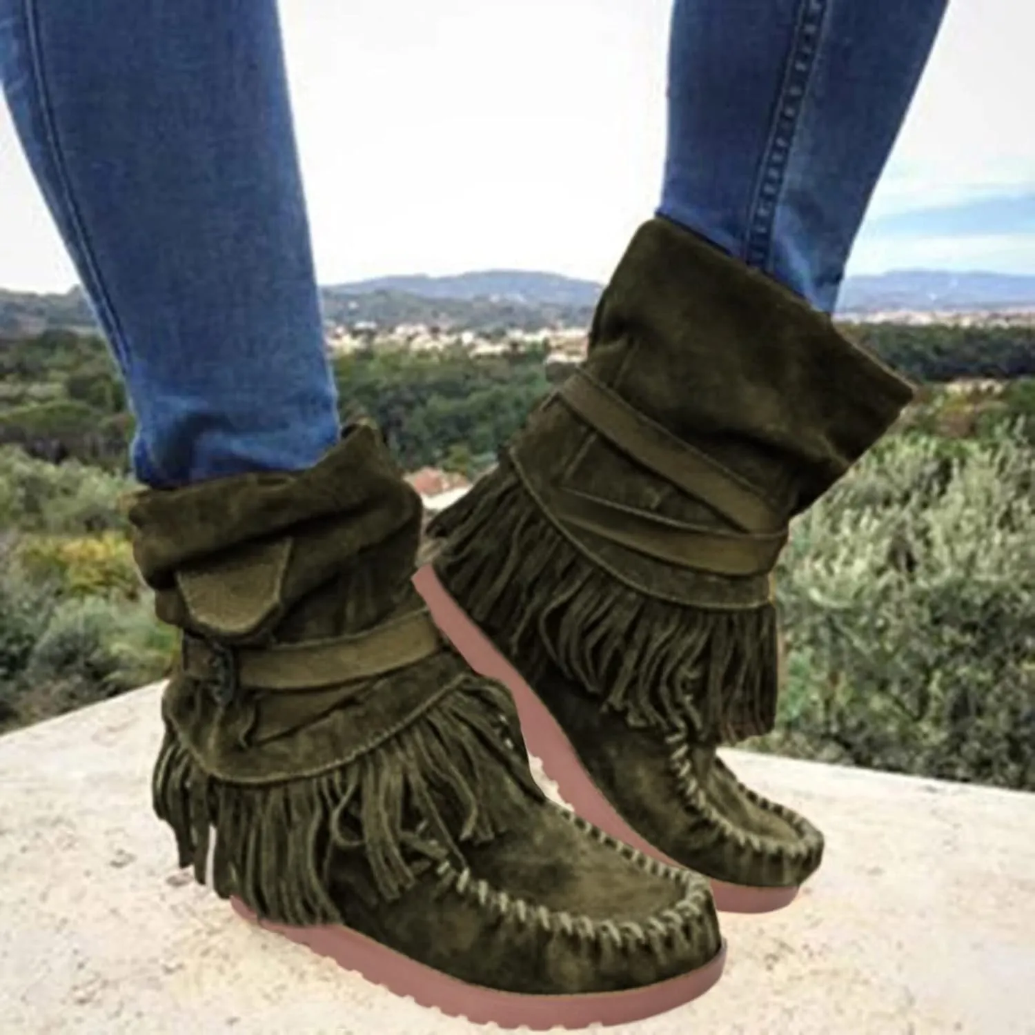 Suede Ankle Boots For Women Fringe Cowboy Boots Low Heel Slouch Boots Comfy Western Shoes Winter Moccasin Boots