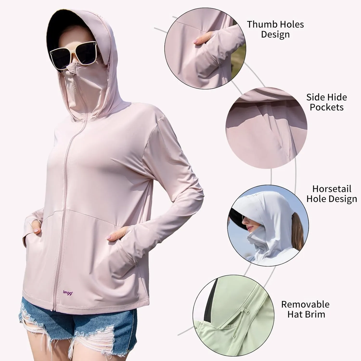 Sun Hoodie UV Protection - Comfy UPF 99  Sun Jacket w/Long Sleeve, Zipper, Pocket for Hiking, Running, Cycling