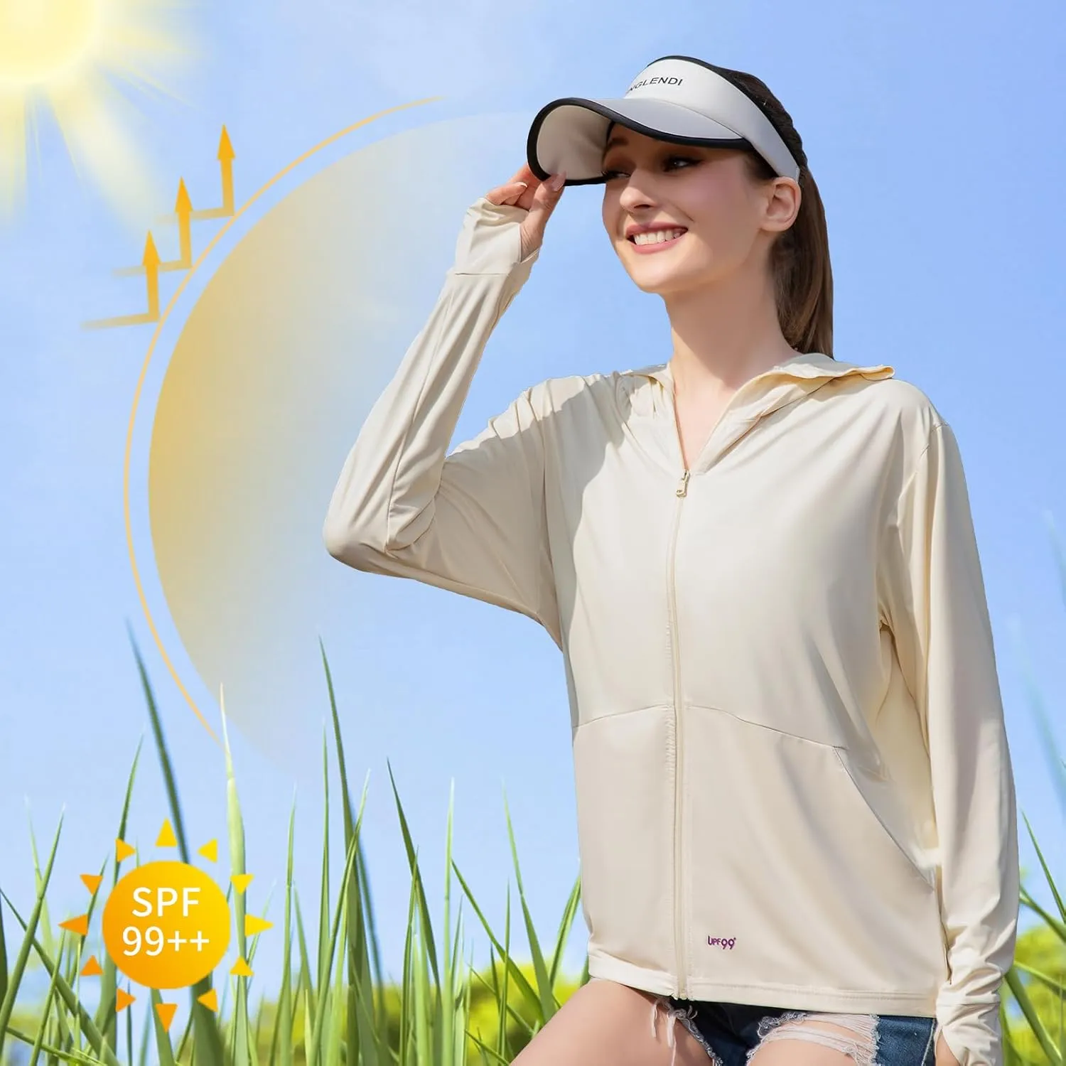 Sun Hoodie UV Protection - Comfy UPF 99  Sun Jacket w/Long Sleeve, Zipper, Pocket for Hiking, Running, Cycling