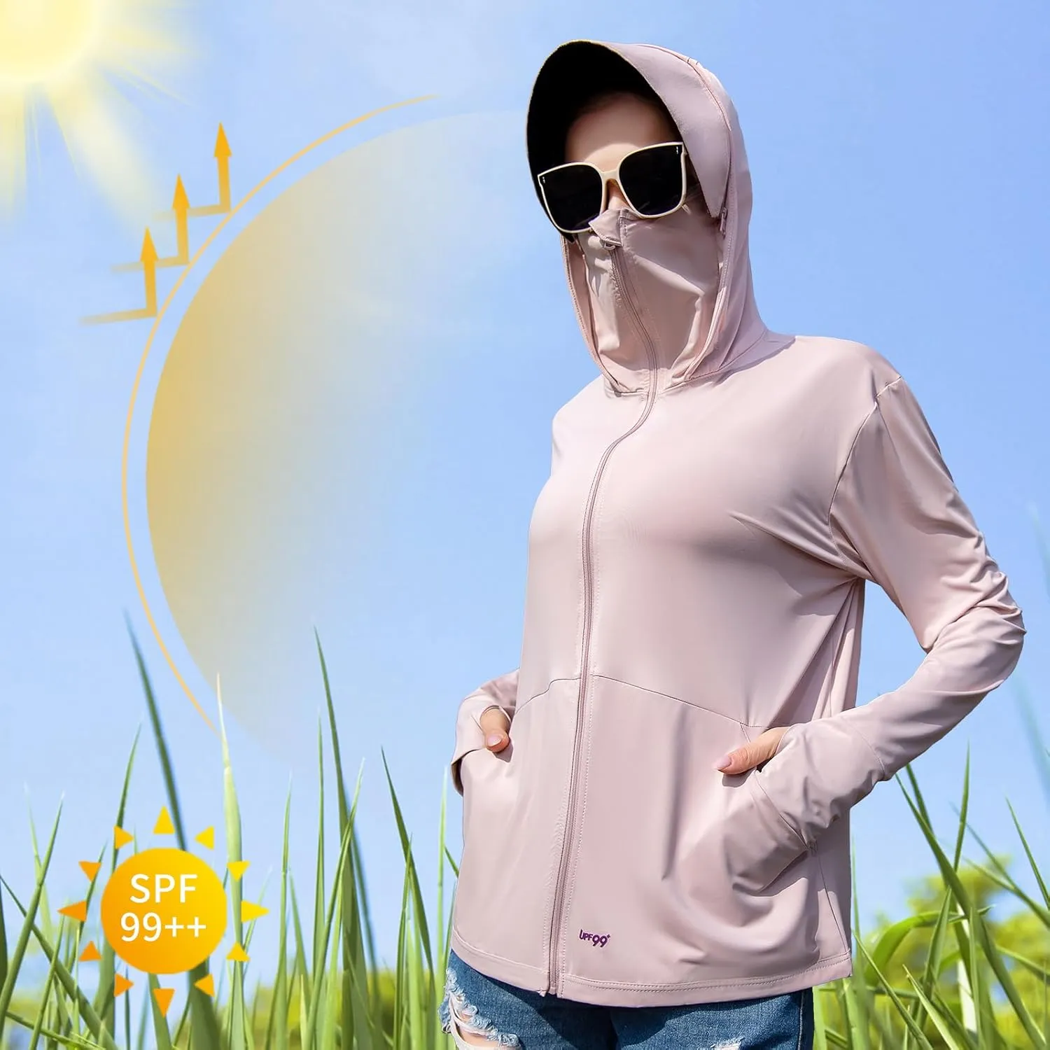 Sun Hoodie UV Protection - Comfy UPF 99  Sun Jacket w/Long Sleeve, Zipper, Pocket for Hiking, Running, Cycling