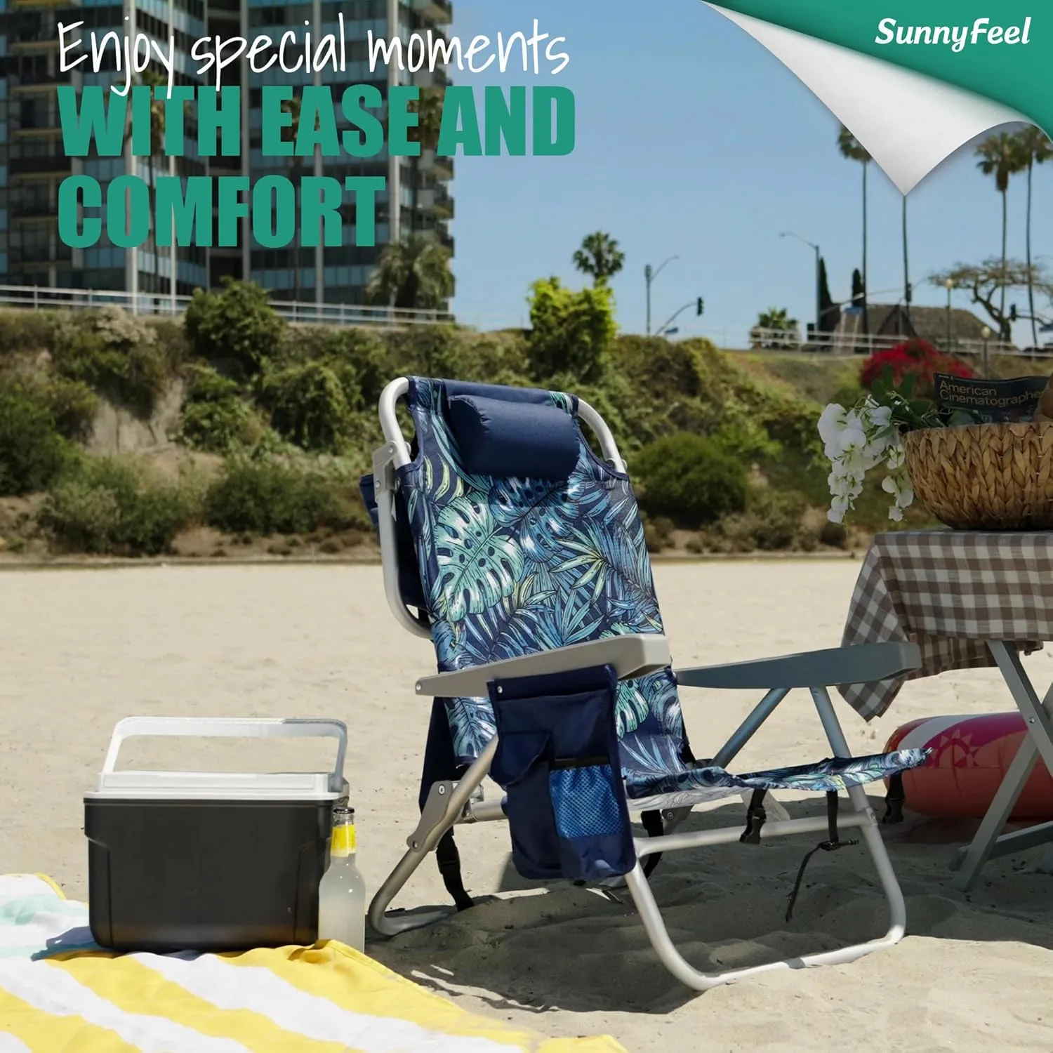 SUNNYFEEL Low Beach Chairs for Adults 5 Position Lay Flat, Portable Folding Backpack Beach Chair Heavy Duty with Cooler Bag, Cup Holder for Outdoor/Lawn/Picnic, Foldable Camping Chair