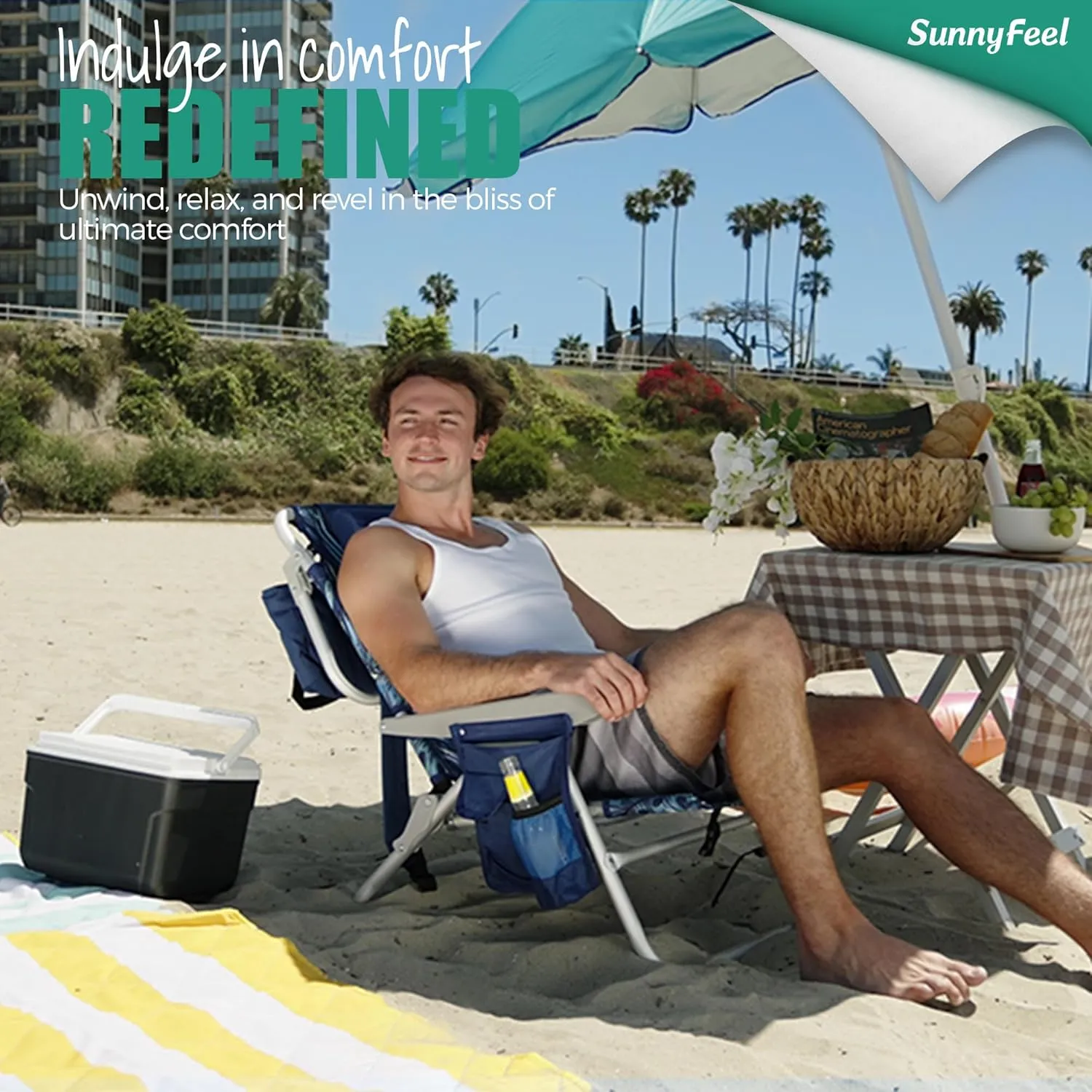 SUNNYFEEL Low Beach Chairs for Adults 5 Position Lay Flat, Portable Folding Backpack Beach Chair Heavy Duty with Cooler Bag, Cup Holder for Outdoor/Lawn/Picnic, Foldable Camping Chair