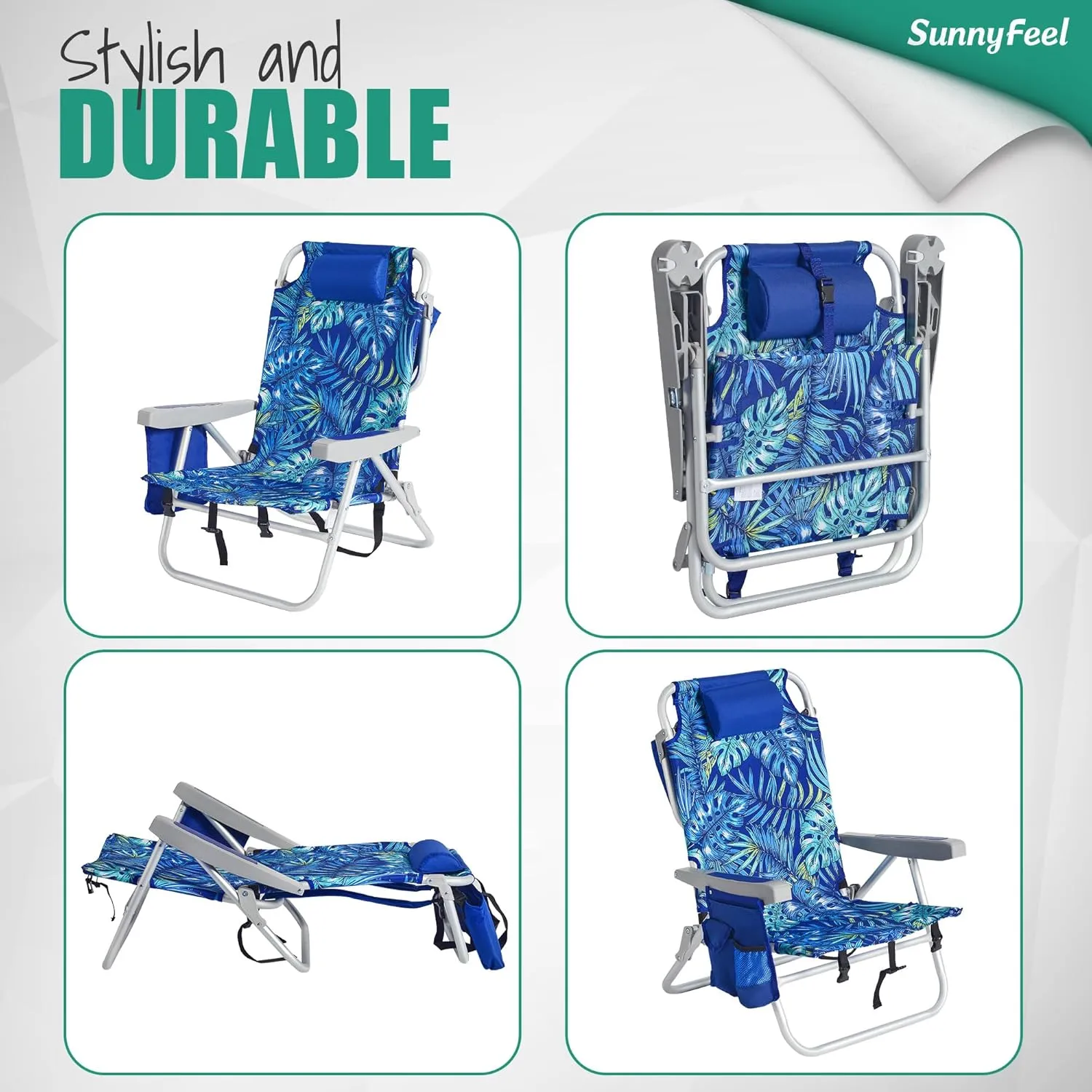 SUNNYFEEL Low Beach Chairs for Adults 5 Position Lay Flat, Portable Folding Backpack Beach Chair Heavy Duty with Cooler Bag, Cup Holder for Outdoor/Lawn/Picnic, Foldable Camping Chair