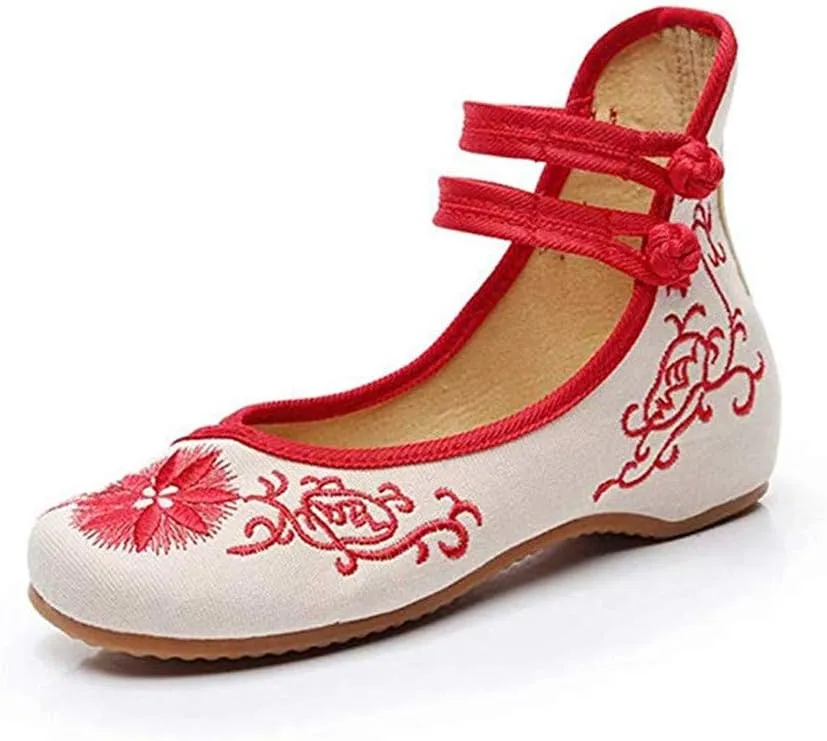 TangDao Women's Casual Flat Chinese Embroidered Floral Cheongsam Walking Mary Jane Ballet Shoes for Women