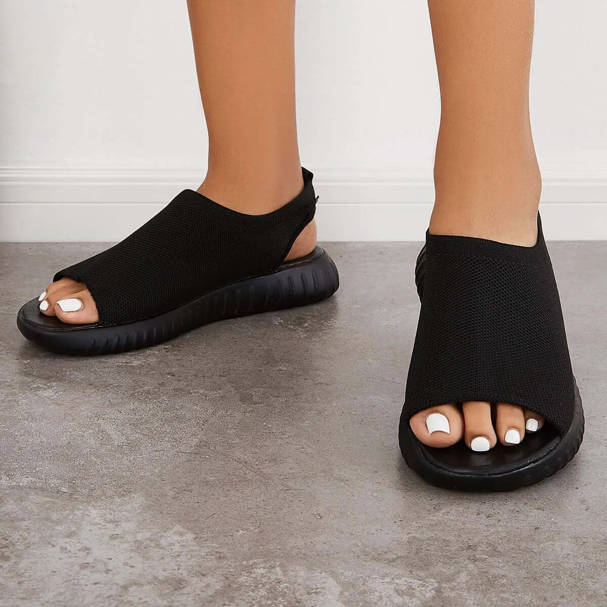 Toe Knit Slingback Going fast Black Powerful Mesh Sandals Peep Sport