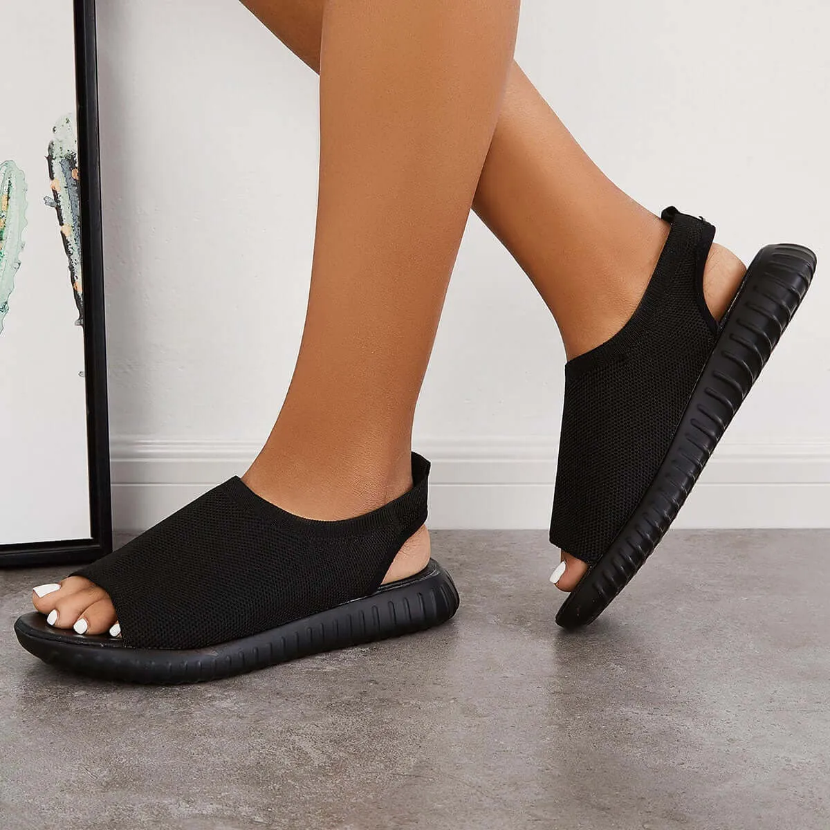 Toe Knit Slingback Going fast Black Powerful Mesh Sandals Peep Sport