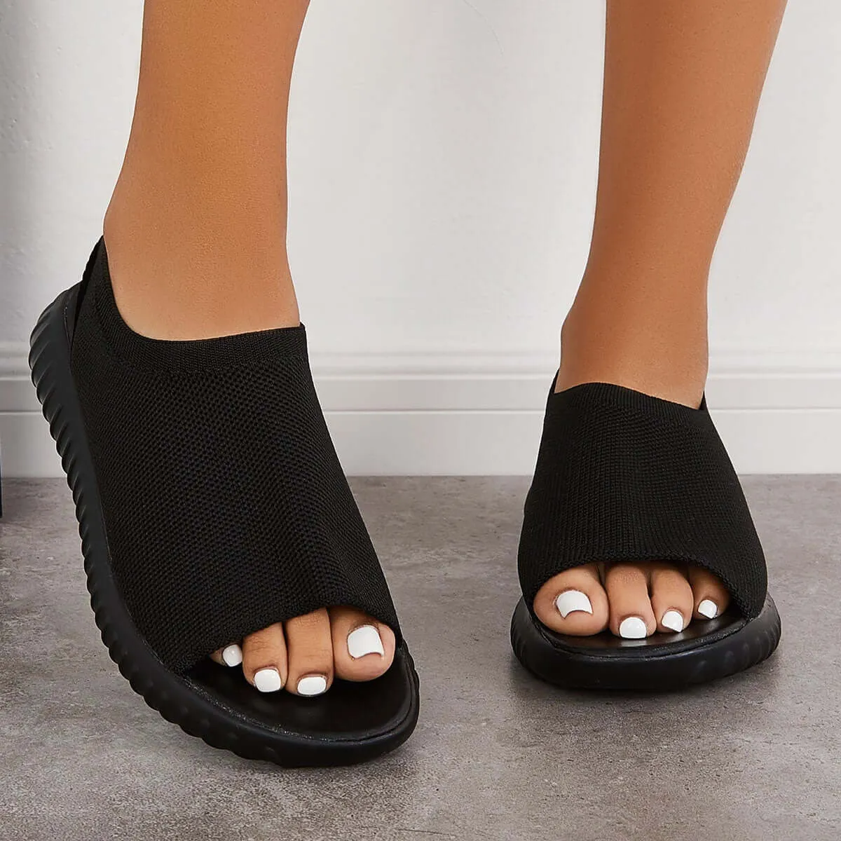 Toe Knit Slingback Going fast Black Powerful Mesh Sandals Peep Sport