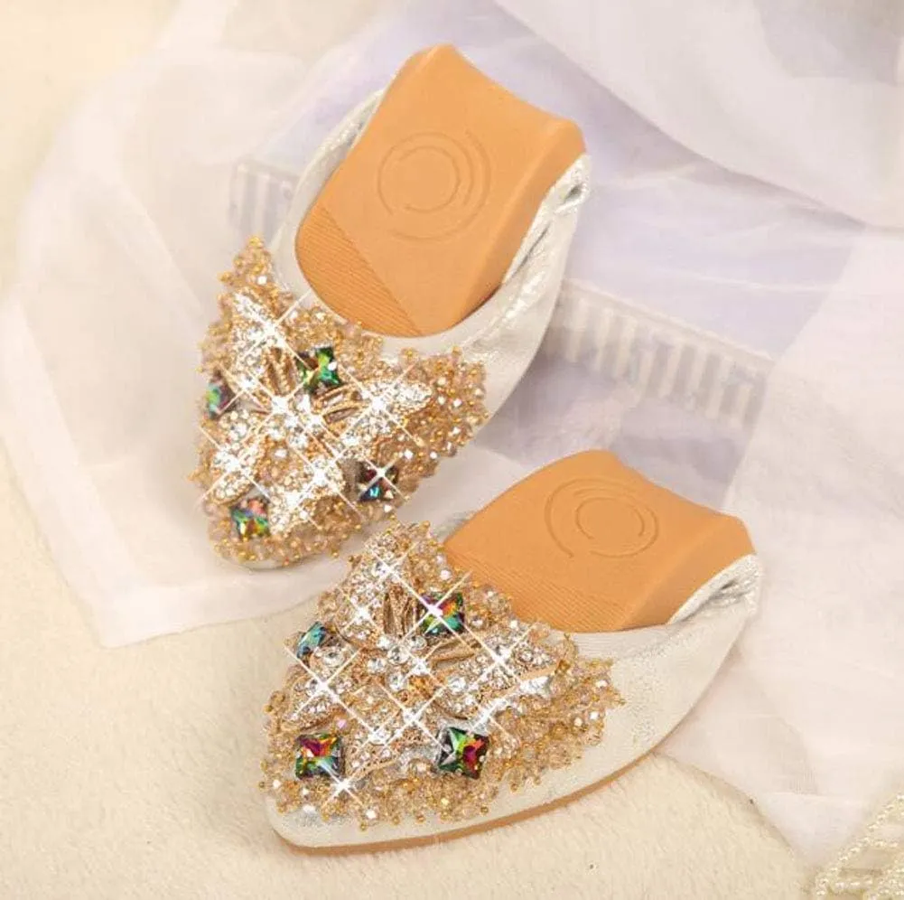 USANDY Women Ballet Flats Rhinestone Wedding Ballerina Shoes Foldable Sparkly Comfort Slip on Flat Shoes
