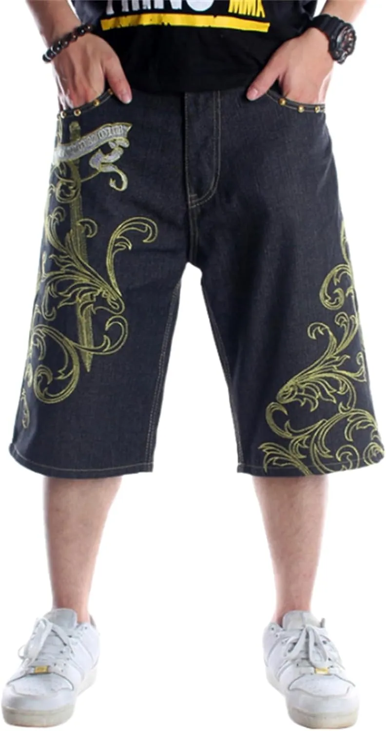 Veroders Men's Summer Shorts Baggy Hip Hop Black Jeans - Casual Straight Short Skateboard Pants Loose Jogging Jeans