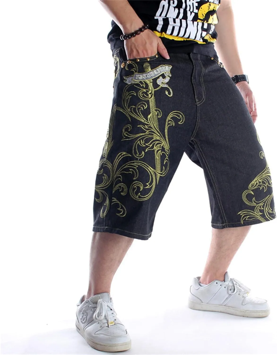 Veroders Men's Summer Shorts Baggy Hip Hop Black Jeans - Casual Straight Short Skateboard Pants Loose Jogging Jeans