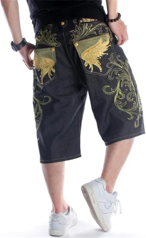 Veroders Men's Summer Shorts Baggy Hip Hop Black Jeans - Casual Straight Short Skateboard Pants Loose Jogging Jeans