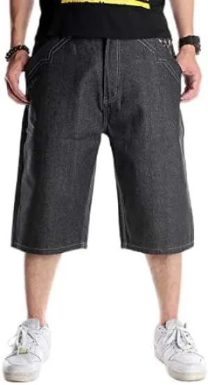 Veroders Men's Summer Shorts Baggy Hip Hop Black Jeans - Casual Straight Short Skateboard Pants Loose Jogging Jeans
