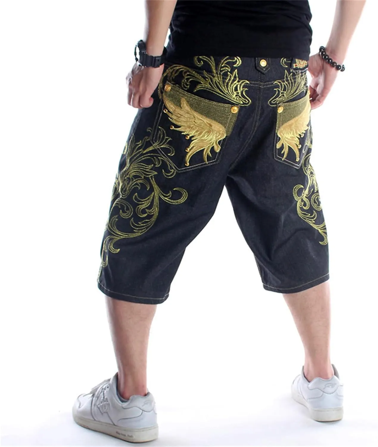 Veroders Men's Summer Shorts Baggy Hip Hop Black Jeans - Casual Straight Short Skateboard Pants Loose Jogging Jeans