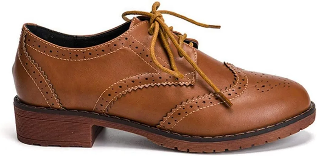 VOKLIN Women's Classic Flat Saddle Oxford Shoes Lace Up Wingtip Perforated Low Heels Vintage School Brogues