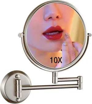 Wall Mounted Makeup Mirror with 1X & 10X Magnification, 360° Rotation, Nickel Finish, Double-Sided for Shaving & Beauty
