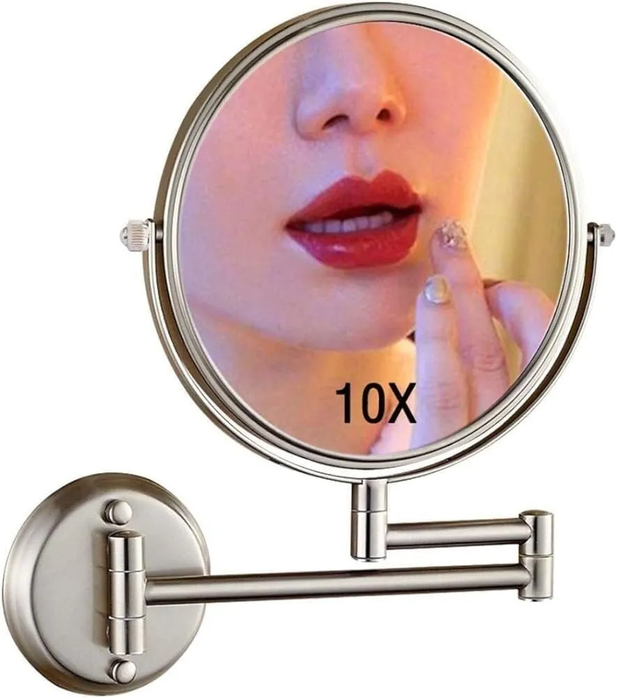 Wall Mounted Makeup Mirror with 1X & 10X Magnification, 360° Rotation, Nickel Finish, Double-Sided for Shaving & Beauty