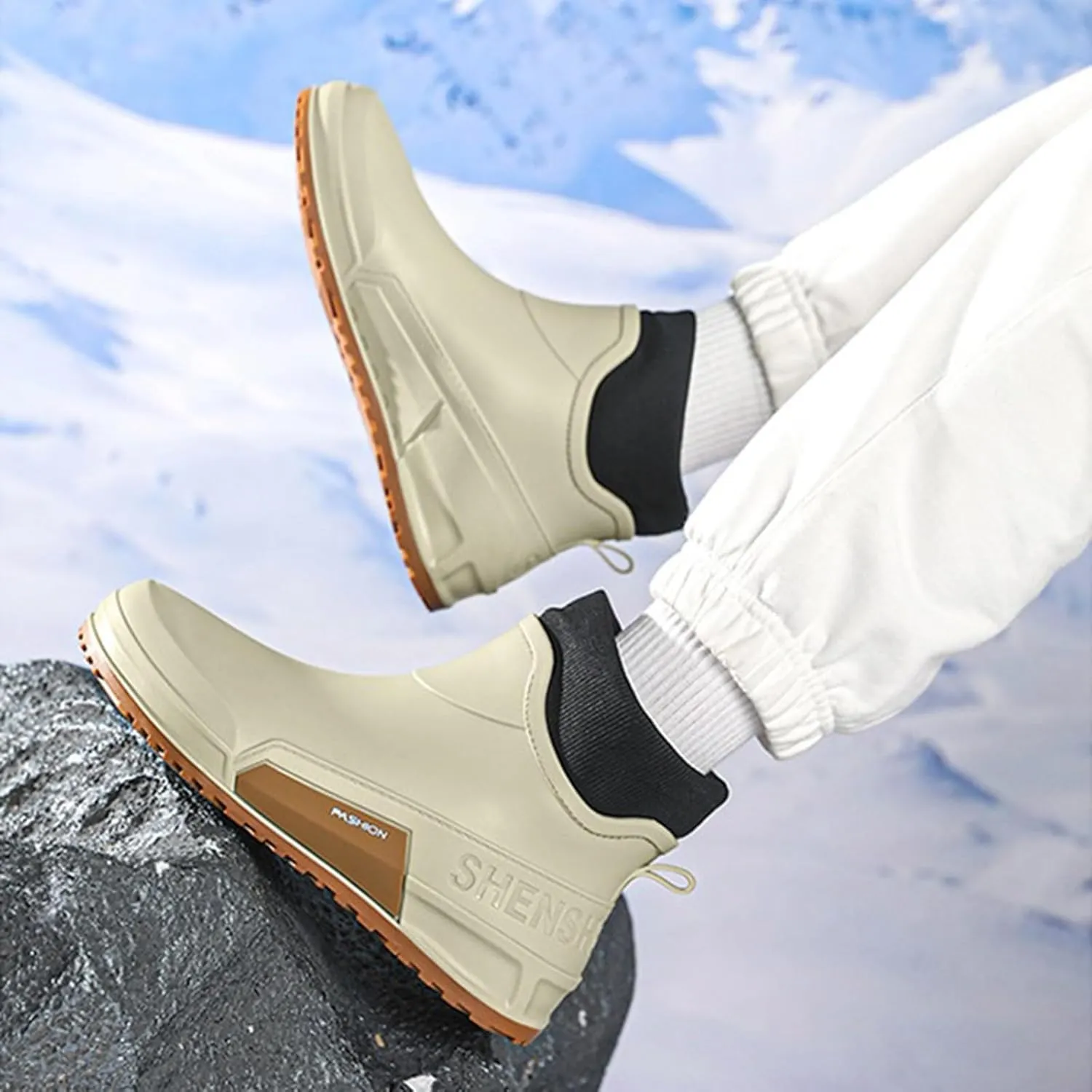Waterproof Rain Boots Women Knit Lined Mens Grounded Footwear Boots Ankle Booties Heels Dress Barefoot Shoes Short Boots Slip-Ons Garden Fashion Ladies Rain Boot