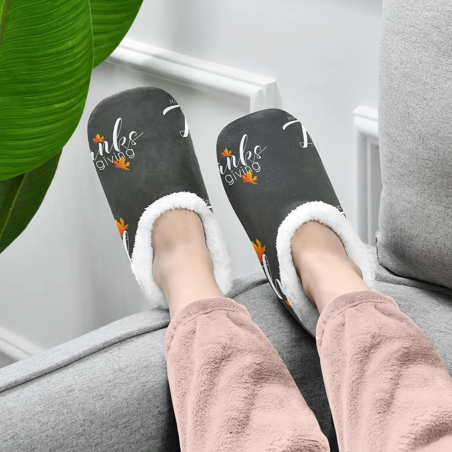 Winter House Slippers for Women/Men with Happy Thanksgiving Day Pattern Element Cozy Fleece Slippers