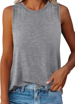 Women Crewneck Curved Hem Tank Tops Summer Casual Sleeveless Loose Fit Tunic Tops 2024