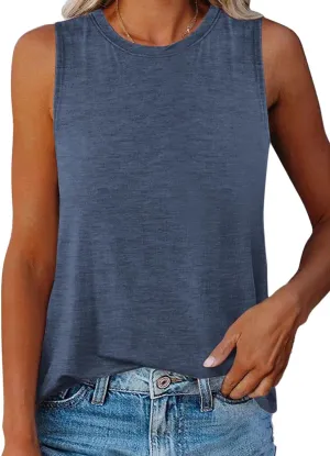 Women Crewneck Curved Hem Tank Tops Summer Casual Sleeveless Loose Fit Tunic Tops 2024