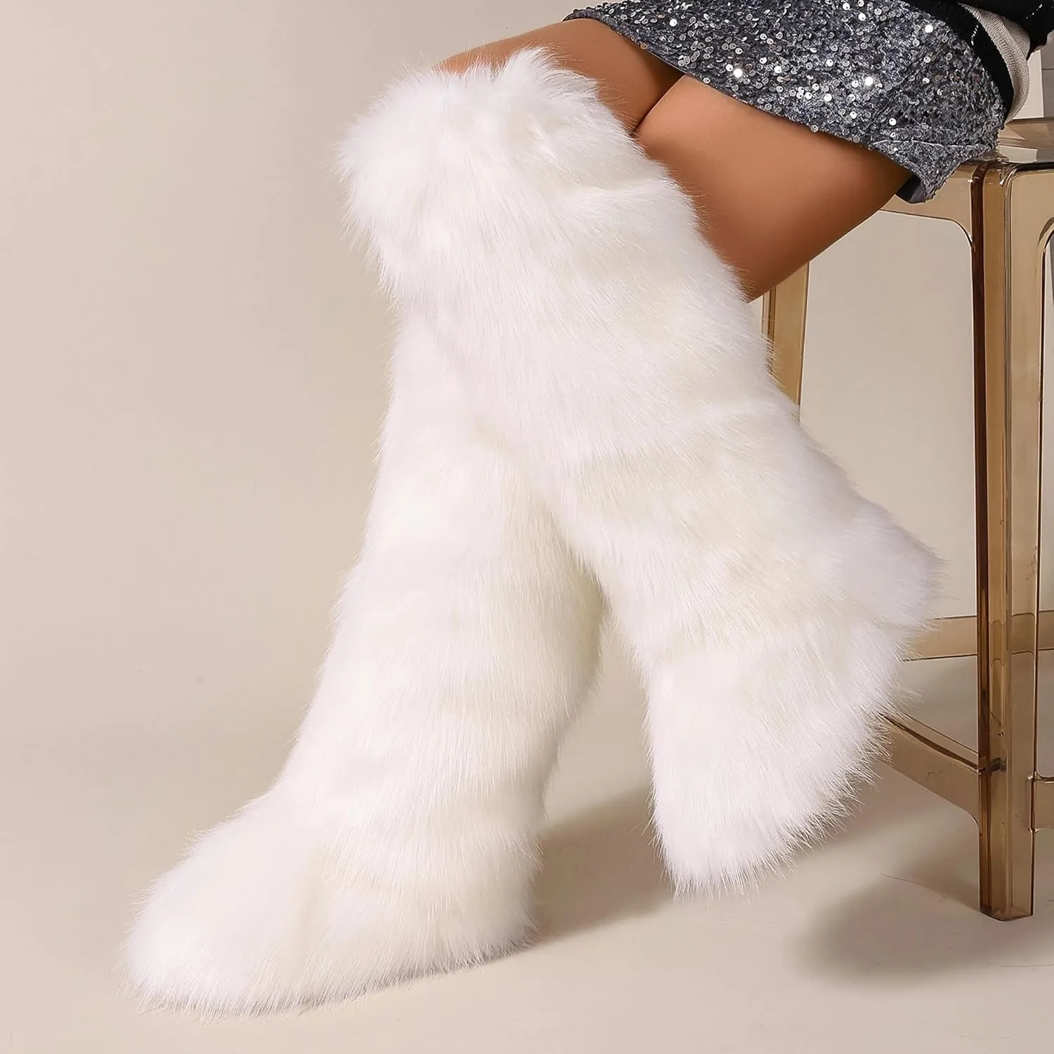Women Furry Faux Fur Snow Boots Fluffy Fuzzy Comfy Knee High Boot Colorful Round Toe Flat Shoes Rubber Sole Outdoor Indoor Fashion Party