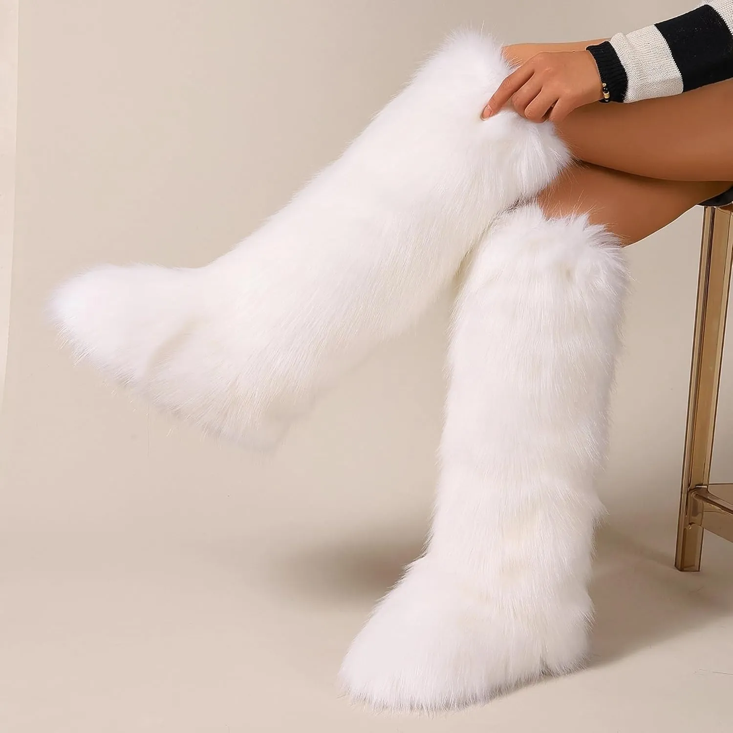 Women Furry Faux Fur Snow Boots Fluffy Fuzzy Comfy Knee High Boot Colorful Round Toe Flat Shoes Rubber Sole Outdoor Indoor Fashion Party