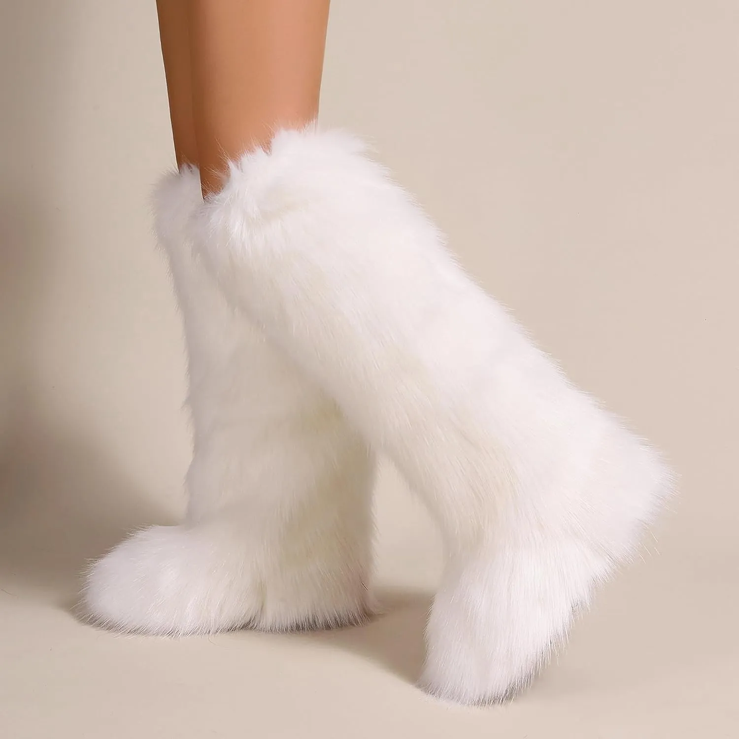 Women Furry Faux Fur Snow Boots Fluffy Fuzzy Comfy Knee High Boot Colorful Round Toe Flat Shoes Rubber Sole Outdoor Indoor Fashion Party