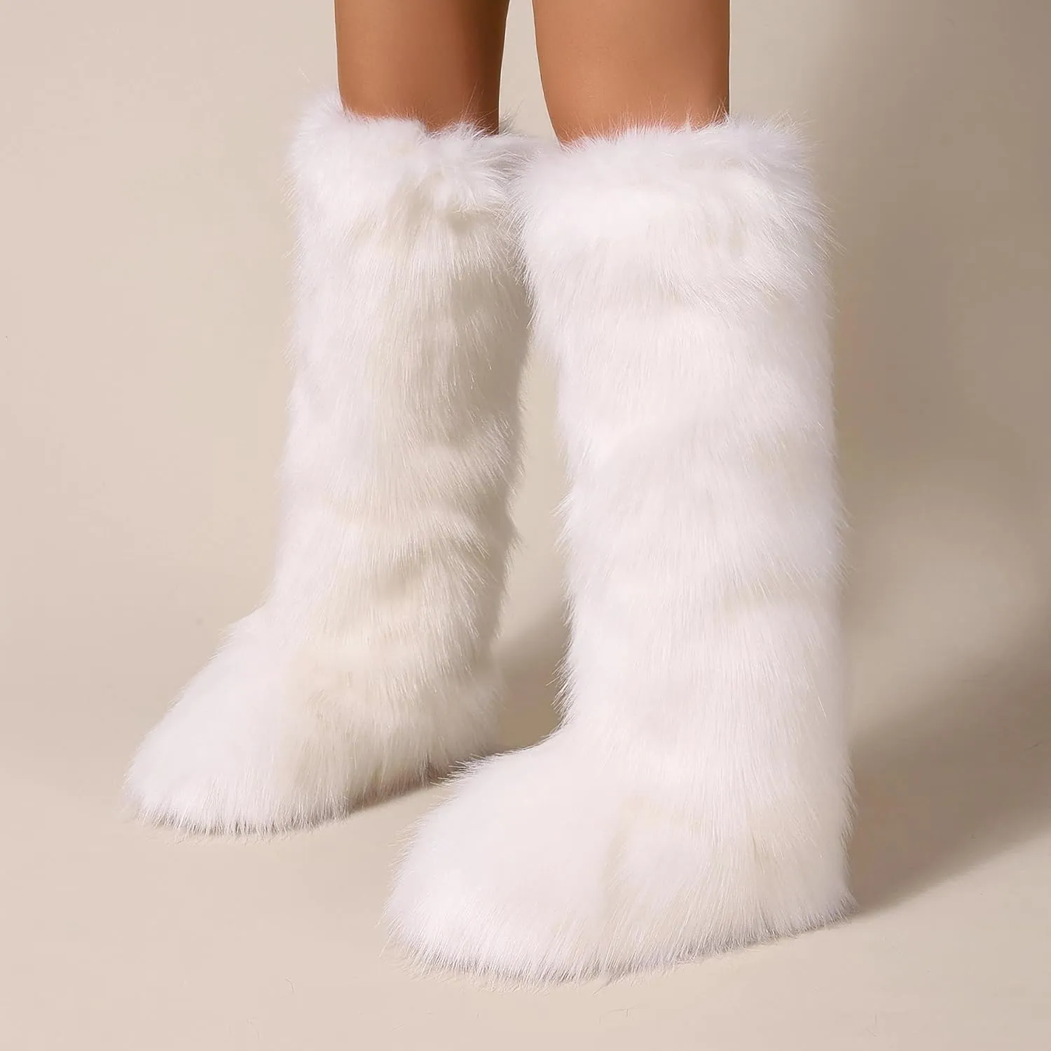 Women Furry Faux Fur Snow Boots Fluffy Fuzzy Comfy Knee High Boot Colorful Round Toe Flat Shoes Rubber Sole Outdoor Indoor Fashion Party