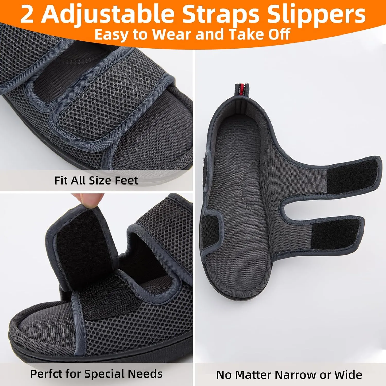 Women Men's Open Toe Diabetic Recovery Slippers Adjustable Slipper with Anti-Slip Indoor Outdoor Sole Grey Black Beige Color US6-US13