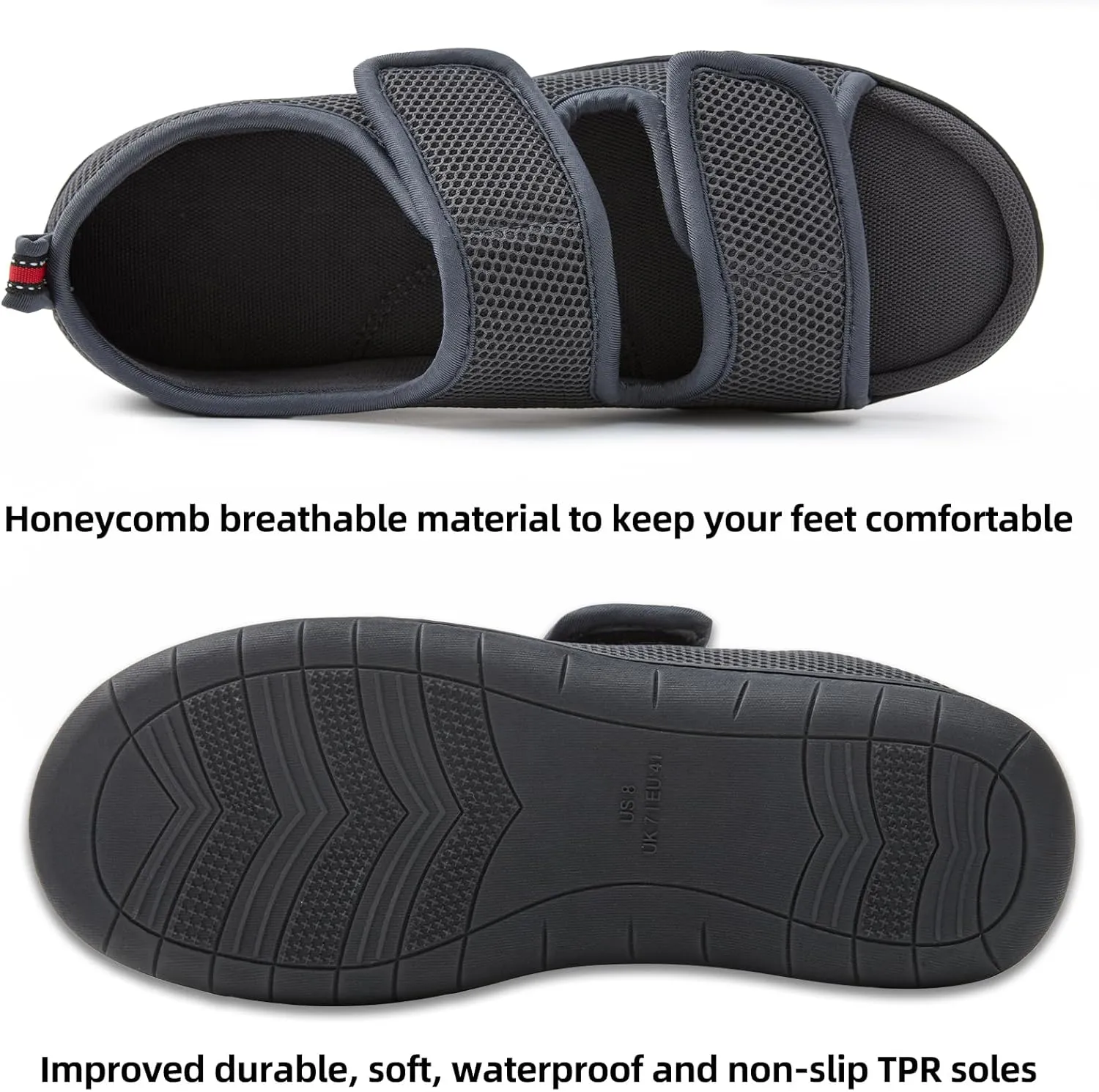 Women Men's Open Toe Diabetic Recovery Slippers Adjustable Slipper with Anti-Slip Indoor Outdoor Sole Grey Black Beige Color US6-US13
