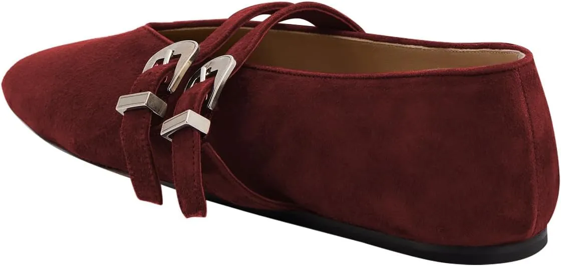 Women Two Strap Buckles Suede Mary Jane Flats Round Toe V Cut Comfy Ballroom Daily Wear Casual Shoes Size 4-16 US