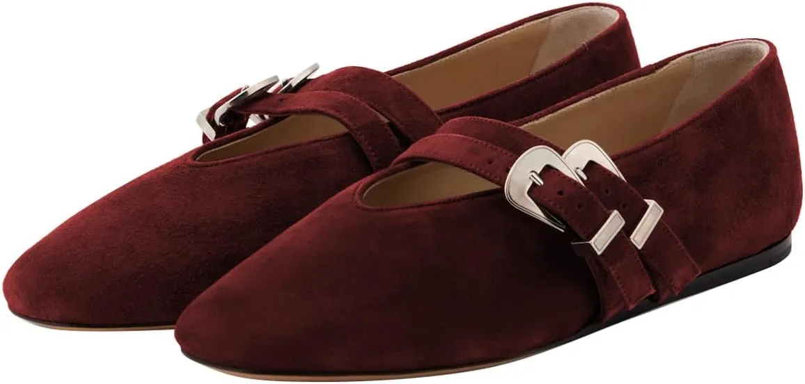 Women Two Strap Buckles Suede Mary Jane Flats Round Toe V Cut Comfy Ballroom Daily Wear Casual Shoes Size 4-16 US